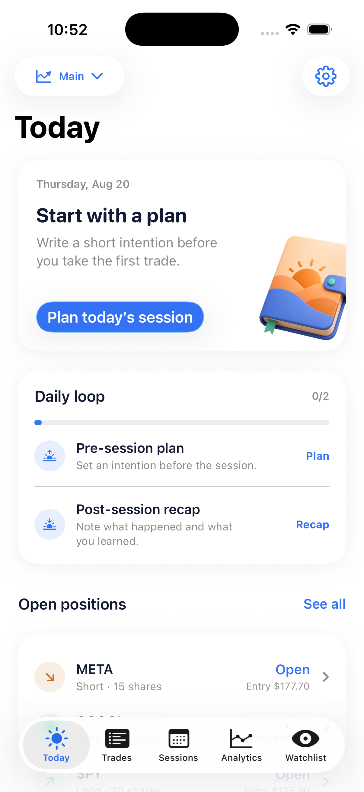 Trade Journal: Falcon Today screen showing the daily loop