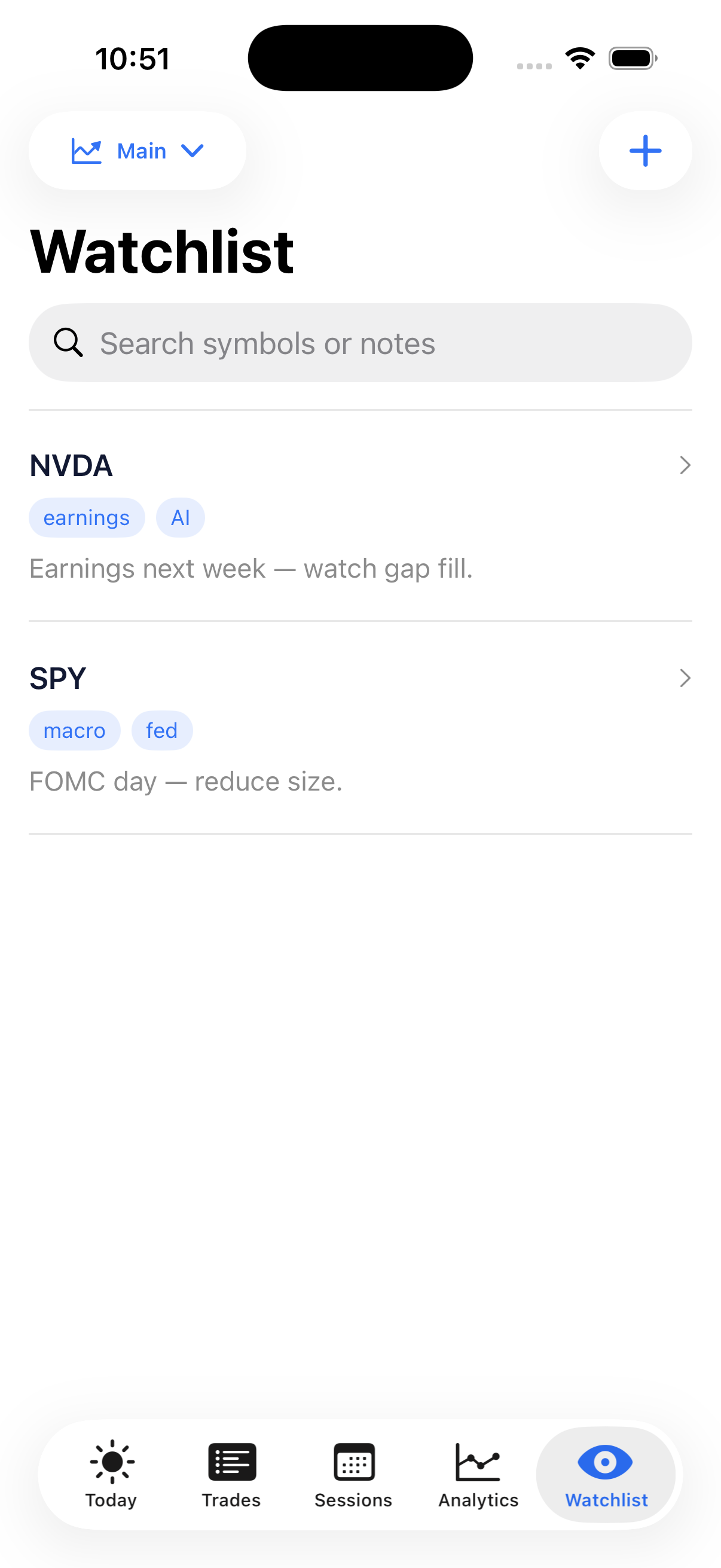 Watchlist screen from the Trade Journal: Falcon iOS app